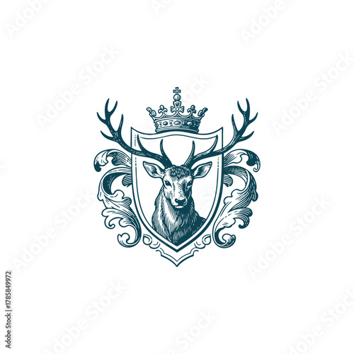 vintage heraldic crest illustration featuring a powerful stag or deer head with prominent antlers, perfectly centered on a shield and crowned with an ornate royal crown
