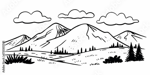Hand drawn mountain landscape sketch illustration isolated on white background