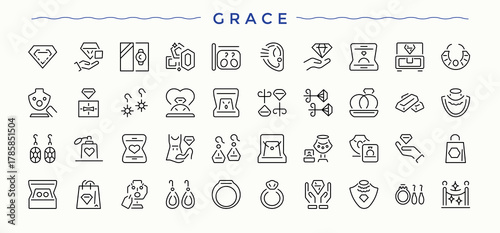 Grace icon set. Set of line pictogram. Nursing icon pack. Contains such symbols as jewelry, fashion, jewellery, jewel, luxury, gem, precious and more.