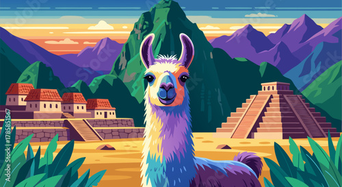 Colorful llama in front of Machu Picchu with a pyramid. South American travel and animals concept