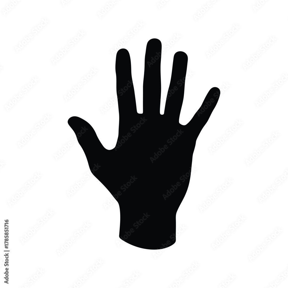 Fototapeta premium Black open hand silhouette vector icon for stop gesture or high five symbol