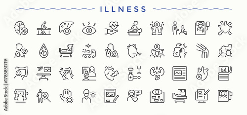 Illness icon set. Allergy icon set. Thin icons set. Contains such symbols as flu, treatment, symptom, allergy, infection and more. Pixel perfect. Vector illustration.