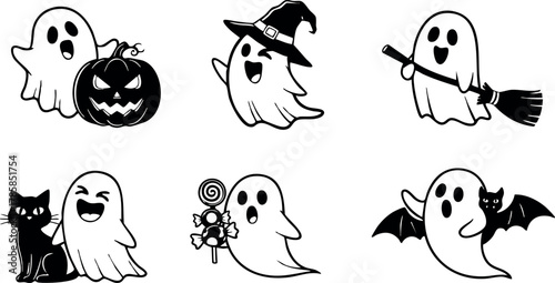 Halloween ghost characters with witch hat broom pumpkin bat and cat vector illustration 