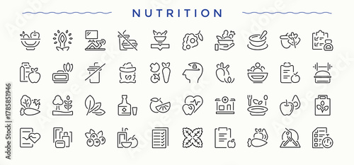 Nutrition icon set. Food line icon set. Collection for mobile and web apps. Related to healthy, food, nutrient, nourishment, health, supplement and more. Pixel perfect. Editable stroke.