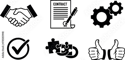 Business handshake contract agreement approval teamwork cooperation icons vector illustration 