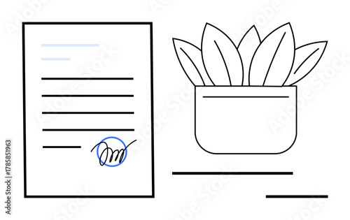 Document with signature paired with minimalist potted plant. Ideal for contracts, partnerships, growth, legal, sustainability, work-life balance, creativity. Simple flat metaphor