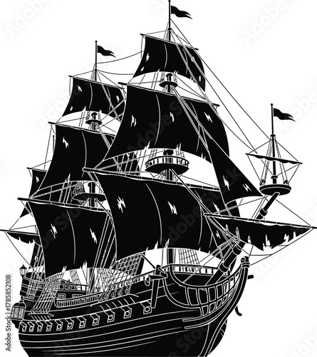 Black silhouette of a pirate ship sailing vessel vintage vector image eps