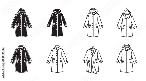 Collection of eight distinct winter coat styles presented as black and white graphic silhouettes for fashion design