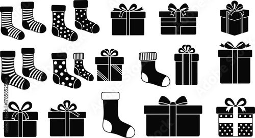 PrintBlack Christmas socks silhouettes, festive striped stockings, polka dot holiday socks, wrapped gift boxes, seasonal present icons, winter celebration decoration, simple festive artwork