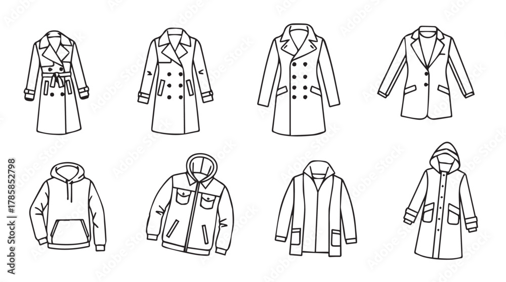 Αυτοκόλλητο Collection of eight distinct outerwear fashion illustrations in a clean black an