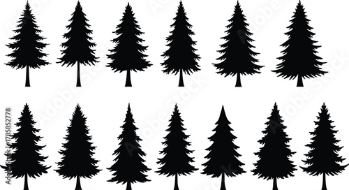 PrintBlack pine tree silhouettes, evergreen forest collection, winter nature illustration, conifer shapes, minimalist woodland vector art, outdoor landscape design elements