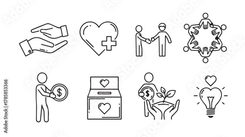 Collection of hand drawn sketch icons representing charity support and community in a simple silhouette style