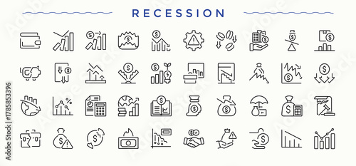 Recession line icon set. Bankruptcy outline icons pack. Thin outline icons pack. Loss icon set. Art and illustration.