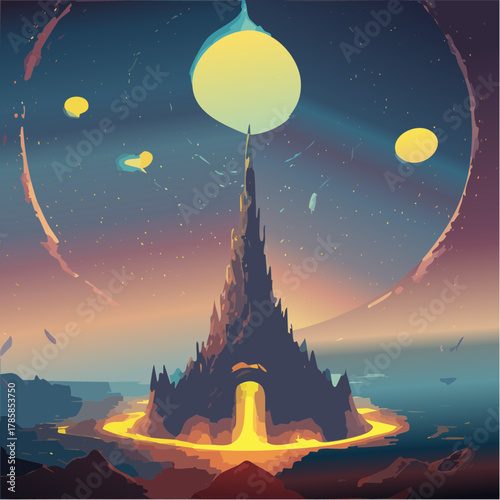 A conceptual artwork depicting a majestic futuristic citadel rising from a molten landscape on an alien planet, bathed in the ethereal glow of cosmic celestial bodies