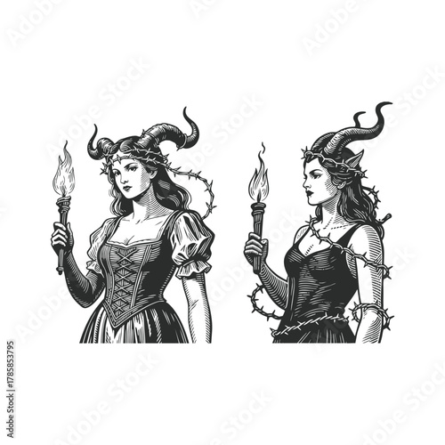 Vintage engraving illustration set of two mystical women wearing large horns and thorny crowns, each holding a burning torch