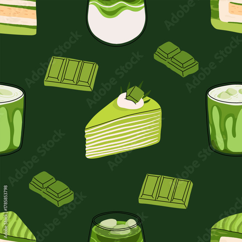 Matcha seamless pattern, cute green tea drinks, boba cups, matcha latte, mochi, macarons and desserts. Kawaii Japanese sweets and beverages vector illustration for cafe, packaging, textile, wallpaper.