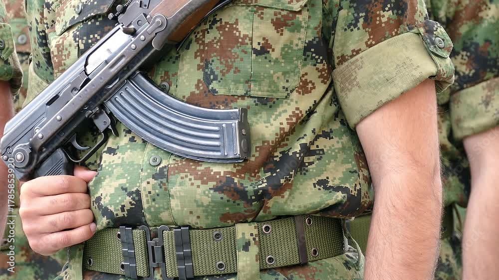 During the parade, the military troops with a rifle standing in line ...