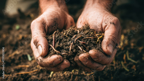 Farmer's hands holding soil full of earthworms, concept of organic farming and healthy ecosystem