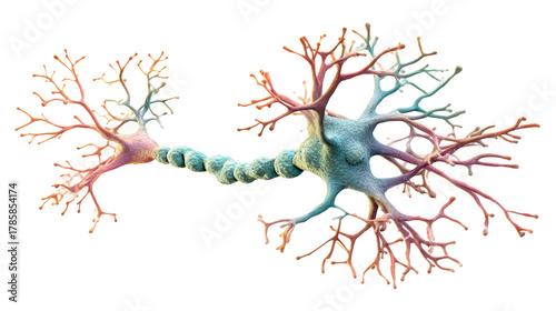 Nerve cell with axon and dendrites on white background
