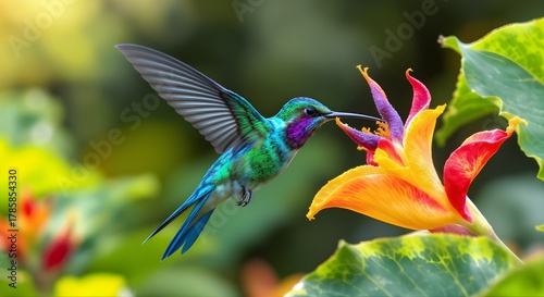 Vibrant close up of colorful hummingbird drinking nectar from tropical flower in sunlight showing wings in motion and nature wildlife beauty photography