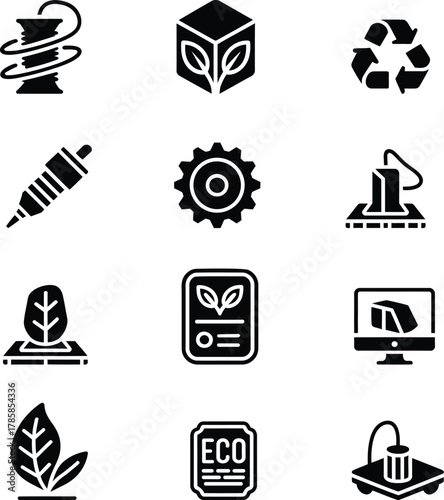 Collection of nine black and white eco and technology icons