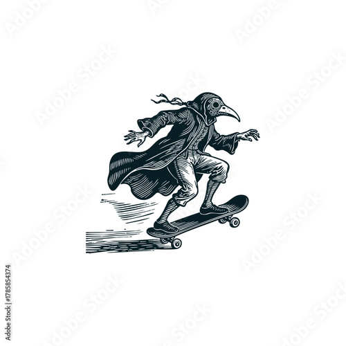 Detailed vintage woodcut illustration of a Plague Doctor figure speeding on a skateboard