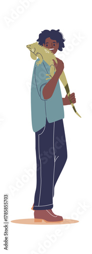 Man carrying varan pet lizard