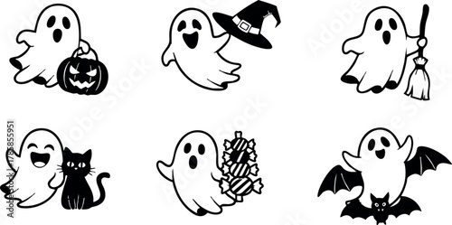 Cute Halloween Ghost Characters with Pumpkin Cat Witch Hat Broom and Bat Vector Illustration 