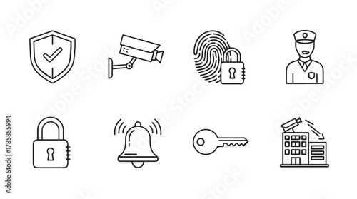 Collection of security and protection icons in a simple outline silhouette style for digital design