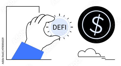 Hand holding DeFi coin and dollar coin signifying decentralized finance innovation. Ideal for finance, cryptocurrency, blockchain, fintech, investment, digital economy, simple flat metaphor