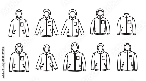 Collection of ten stylized black and white line art illustrations of hooded jackets in silhouette