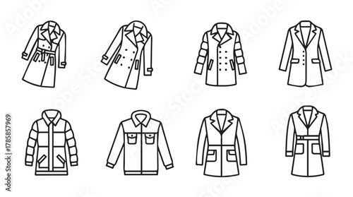 Collection of eight distinct trench coats and jackets presented in a clean black and white silhouette style