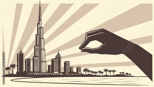 Illustration of a cityscape with skyscrapers and palm trees with a hand pinching the tallest building