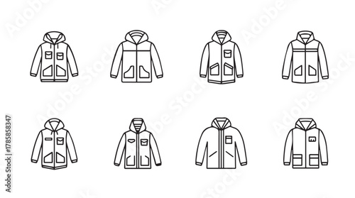 Collection of eight hand drawn winter parka jacket silhouettes with hoods and pockets in a clean outline style silhouette