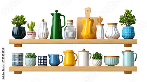 Shelf of Collected Treasures: A stylish arrangement of household items, including vibrant pots and plants, add a touch of color and personality to any interior space.