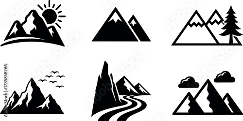 Mountain landscape icons set with sun, trees, birds, clouds, and winding road vector illustrations 