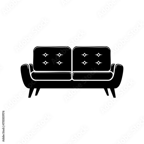 Black modern sofa with cushioned seating, representing home comfort, furniture design, and stylish interior decoration.