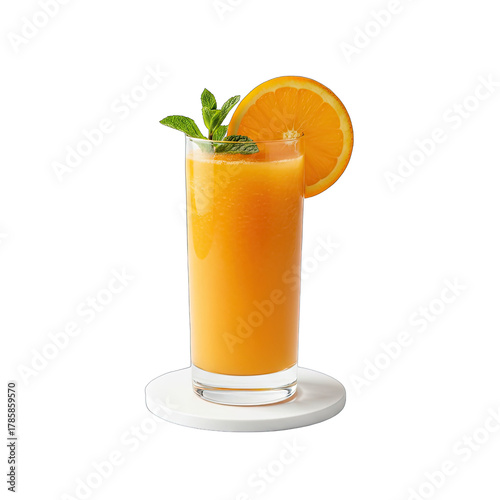 A Tall Glass Of Fresh Orange Juice Garnished With Orange Slice And Mint Leaves On A White Coaster With A Transparent Background