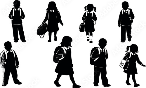 Silhouette children walking and standing with backpacks school commute vector illustration 