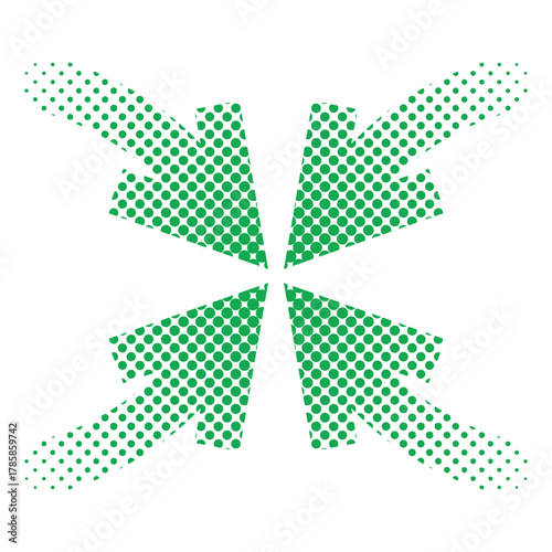 Radial green halftone arrows graphic, four pointers expanding from center