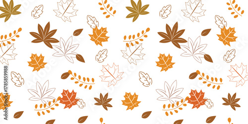 Autumn leaves seamless pattern with various fall foliage elements and branches