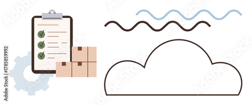 Checklist clipboard, stacked boxes, cloud outline, gear, and wave lines conceptually represent logistics, productivity, cloud storage, data synchronization, supply chain e-commerce and teamwork