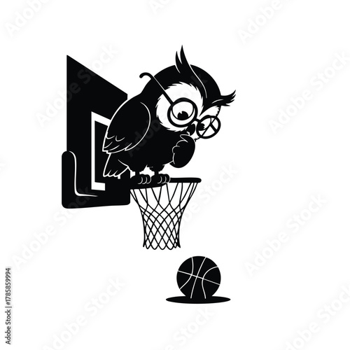 Cartoon owl with glasses on basketball hoop contemplating ball, sport education concept.