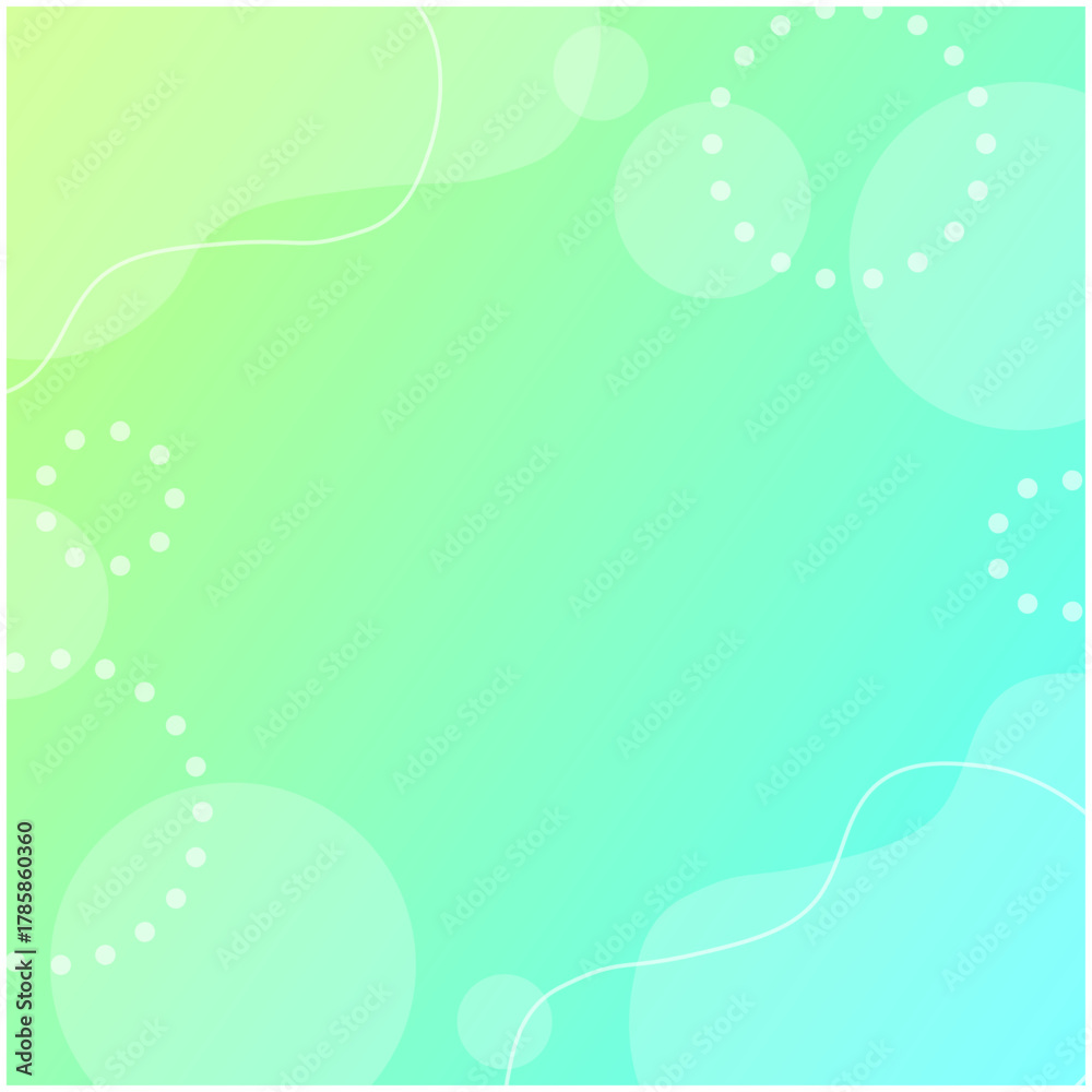 Obraz premium 淡い緑グラデーションの、ポップでかわいい流体シェイプと円の背景 正方形