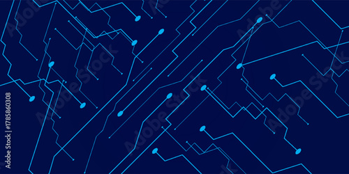 Abstract digital circuit board on technology blue background. Circuit connected lines and dots on abstract motherboard. Navy gradient tech bg. 