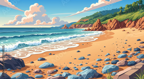 Seaside Serenity A Tranquil Beach Scene with Gentle Waves and Rocky Shoreline Under a Cloudy Sky