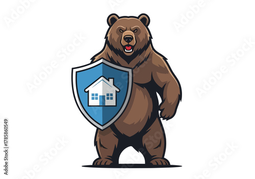 A strong grizzly bear stands protectively holding a shield with a house emblem.