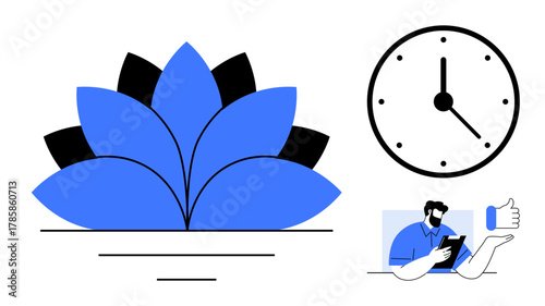 Blue lotus flower symbolizing peace and focus, clock showing time management, person with tablet and thumbs-up gesture. Ideal for mindfulness, productivity, relaxation, time management, digital