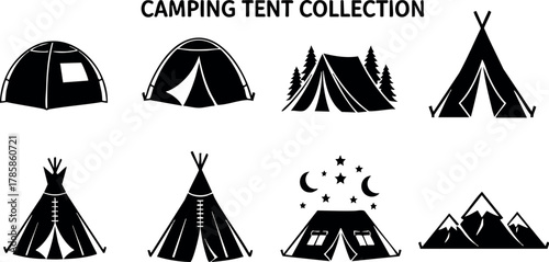 Camping tent collection black silhouette icons outdoor gear camping equipment vector set 