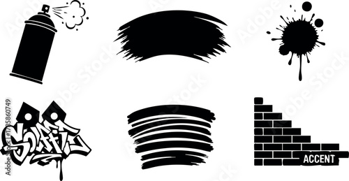Graffiti Spray Paint Can and Urban Style Brush Stroke Vector Icons Design 